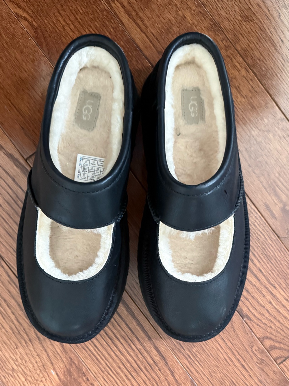 UGG Black Leather Slip-On Shearling Shoes
